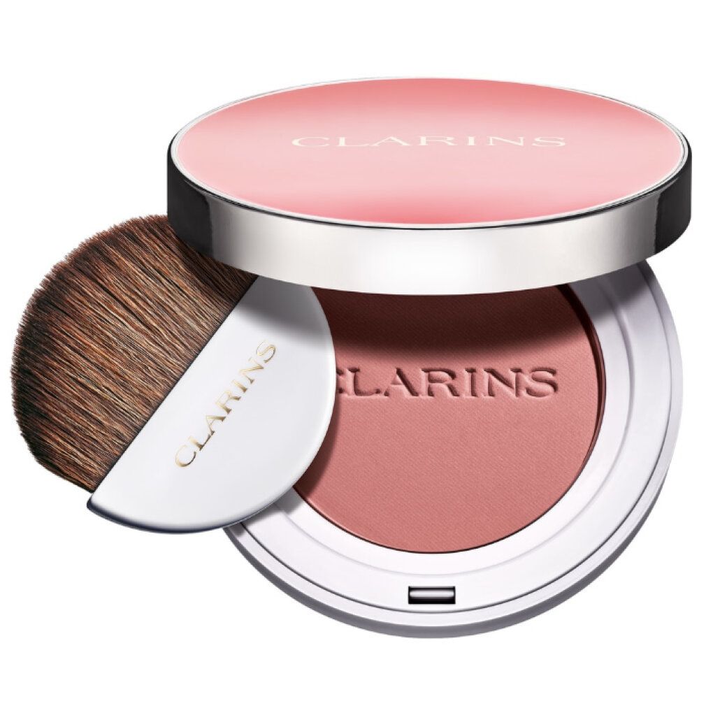Fard in polvere compatto rotondo con pennello. Coperchio con scritta CLARINS. Polvere rosa. Pennello con manico bianco. Scritta CLARINS.