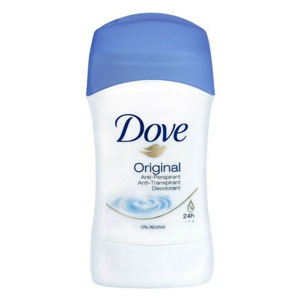 Stick deodorante Dove Original Anti-Transpirant. Stick bianco con tappo blu. Logo Dove e nome del prodotto.