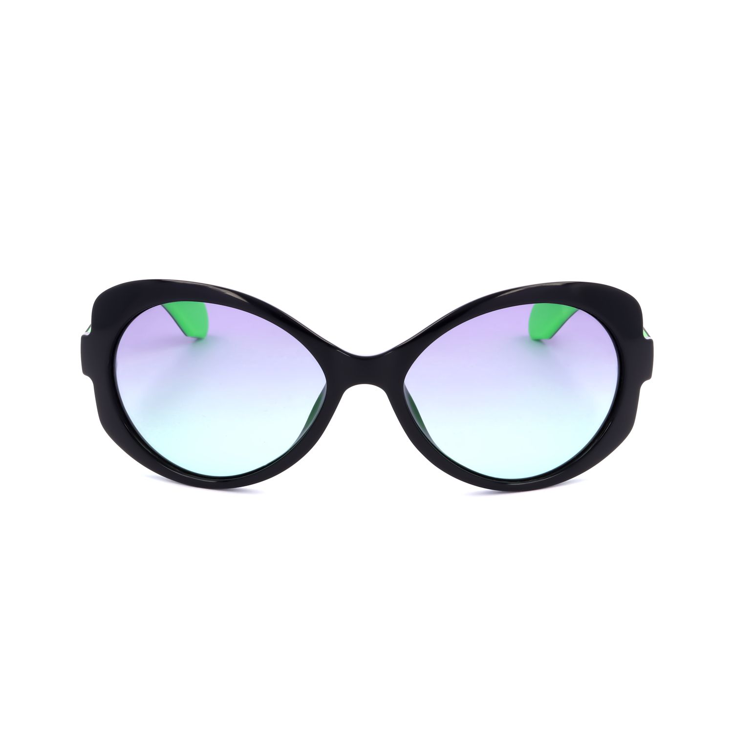 Occhiali da sole neri con lenti ovali oversize e dettaglio stanghetta verde.