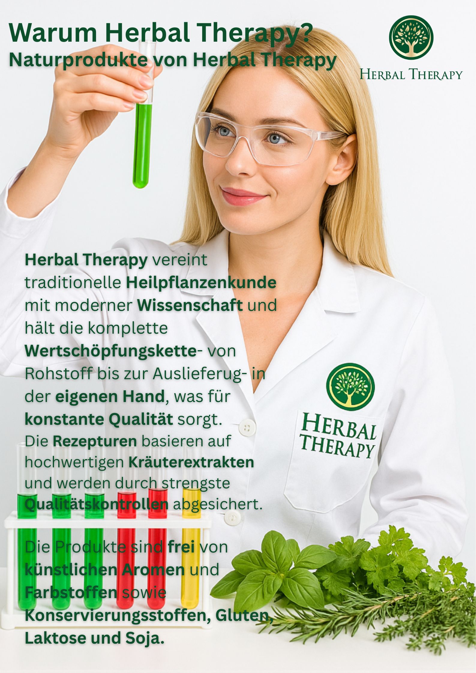 Donna in camice da laboratorio con occhiali che tiene una provetta. Scritta: Herbal Therapy. Prodotti naturali di Herbal Therapy.