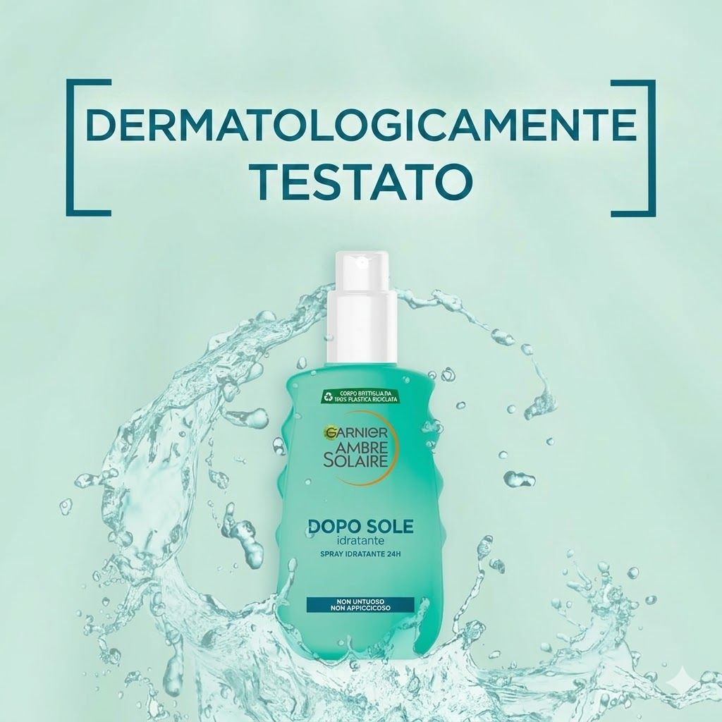 Spray doposole Garnier Ambre Solaire verde. Testo: Dermatologicamente testato. Prodotto ed effetto acqua.
