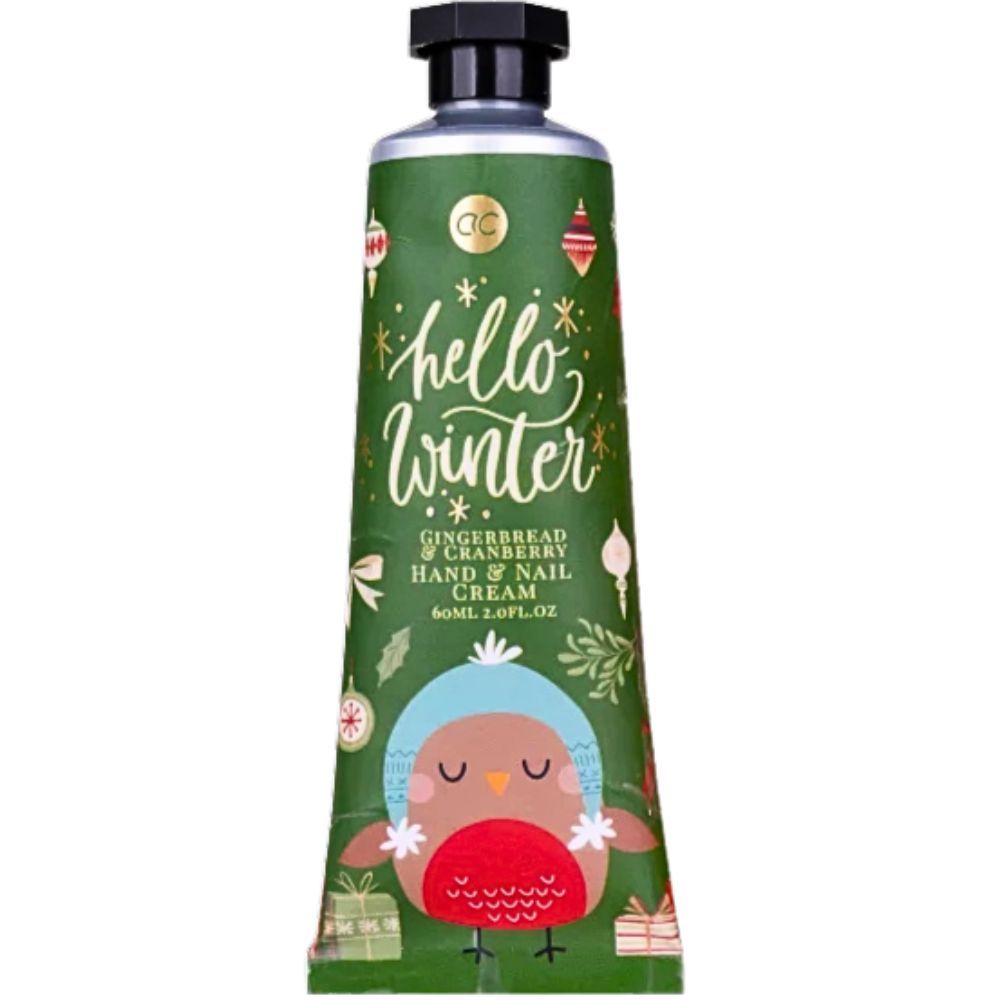 Tubo di crema mani e unghie verde con scritta 'Hello Winter' e illustrazione di uccello. Chiusura nera.
