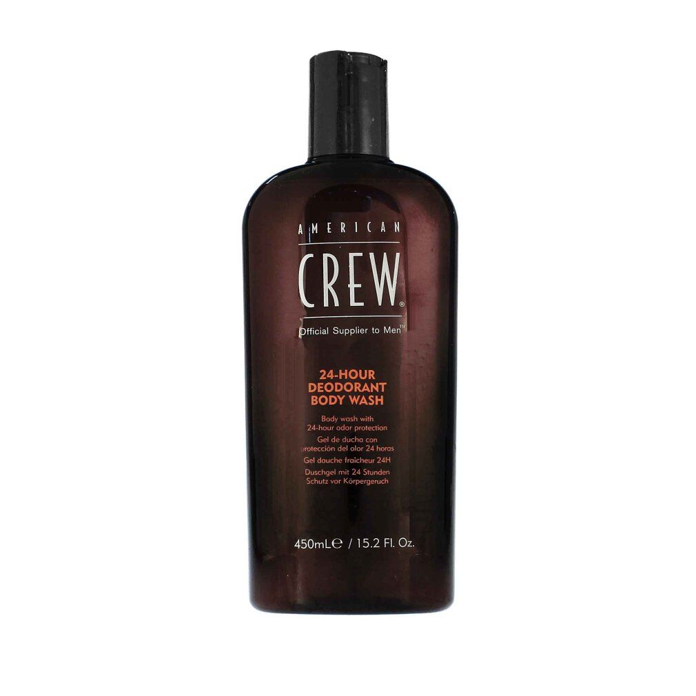 Flacone marrone con tappo nero. Scritta: AMERICAN CREW, 24-HOUR DEODORANT BODY WASH. Immagine del prodotto.
