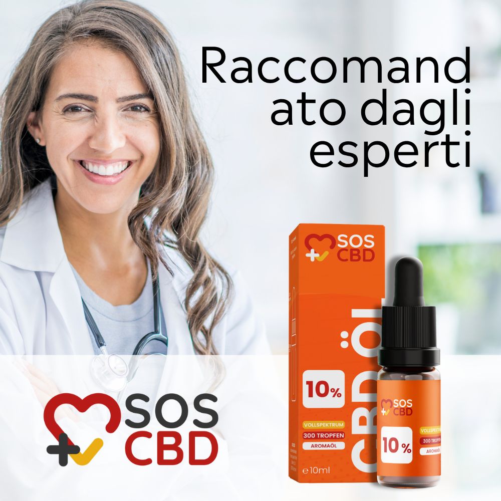 Donna con camice bianco e stetoscopio. Flacone del prodotto con 10% CBD. Testo: SOS CBD, raccomandato dagli esperti.