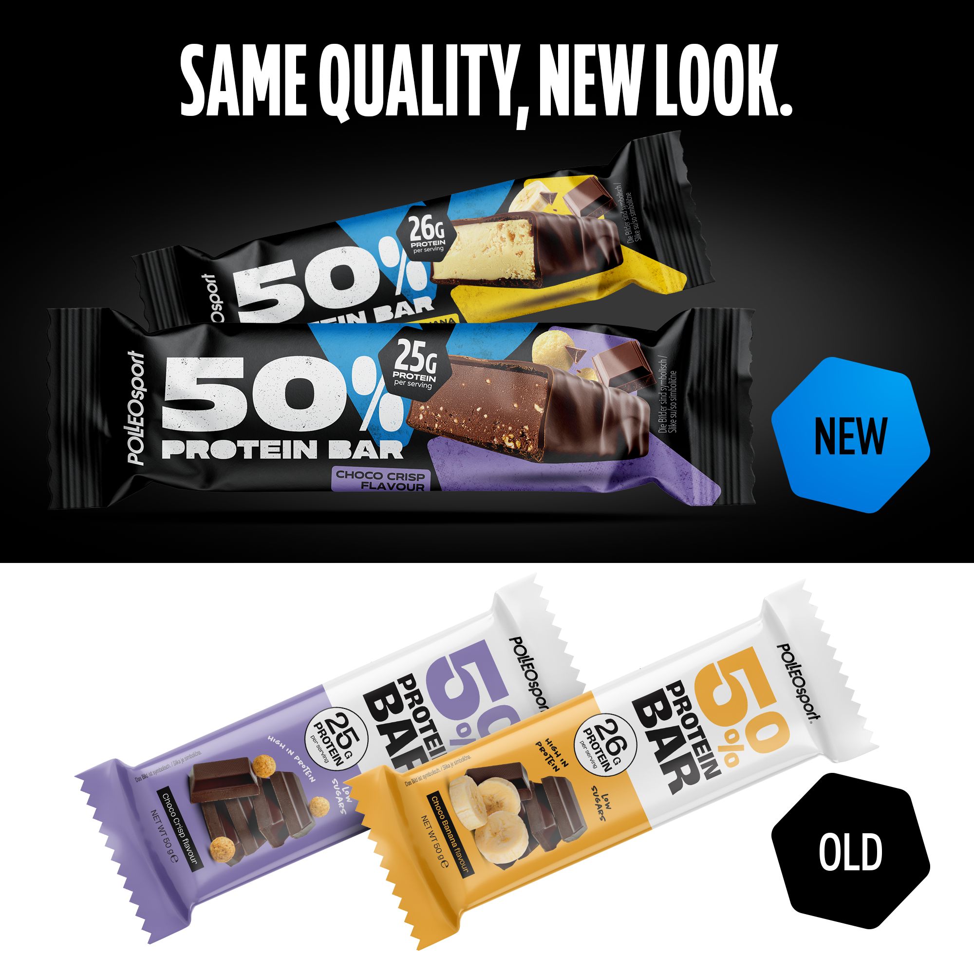 Barrette proteiche 50%. Scritta: 26g proteine. Confezioni di diversi colori. Testo: SAME QUALITY, NEW LOOK.
