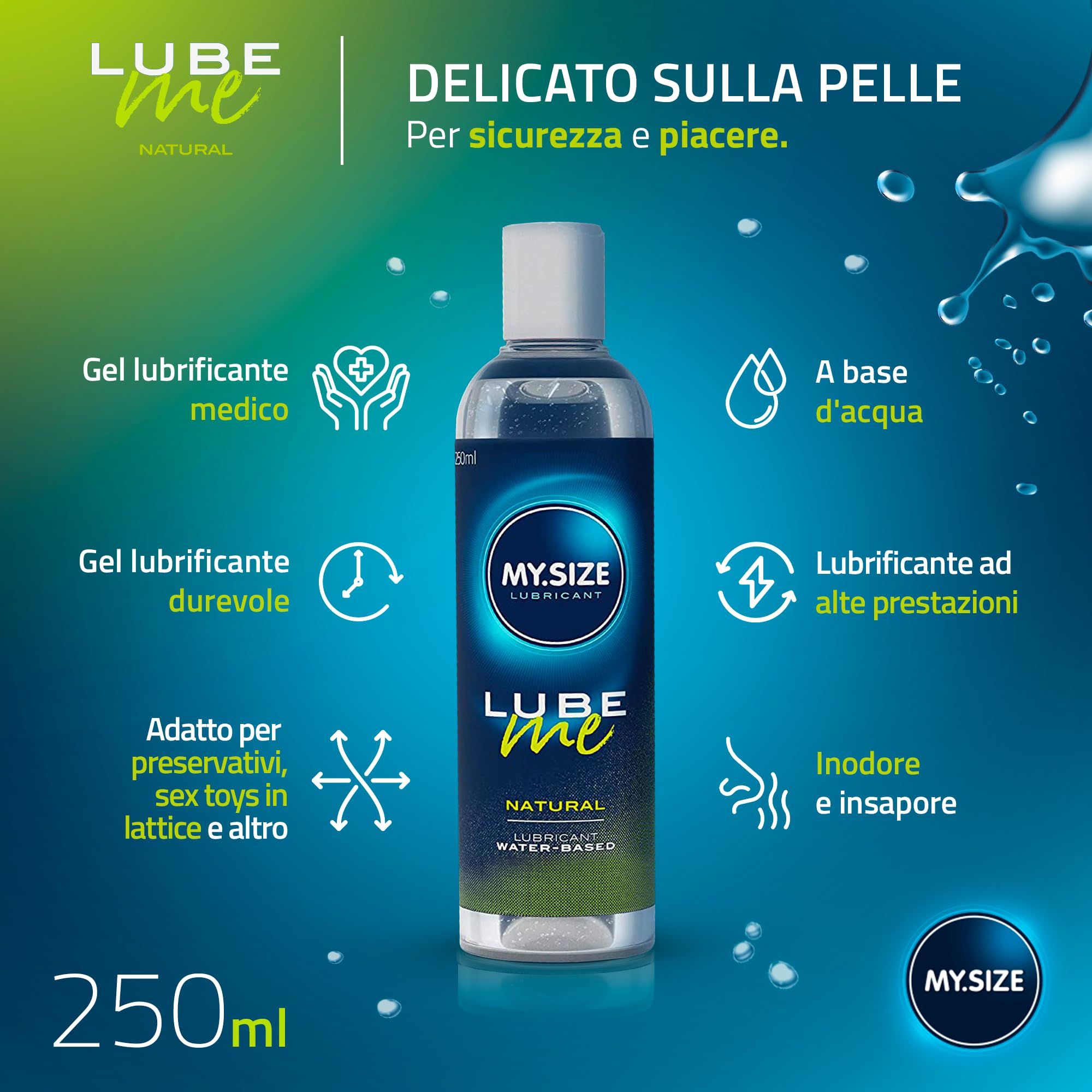 Flacone di gel lubrificante MY.SIZE Lube Me Natural con icone delle caratteristiche.
