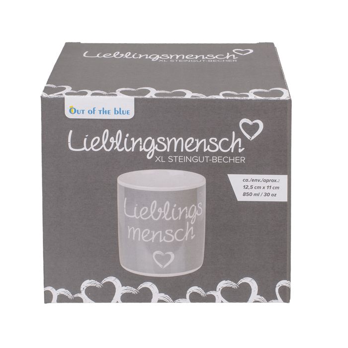 Scatola grigia con tazza. Scritta "Lieblingsmensch" e cuore. Marchio "Out of the blue". Dettagli tazza: 12,5 cm x 11 cm, 850 ml.