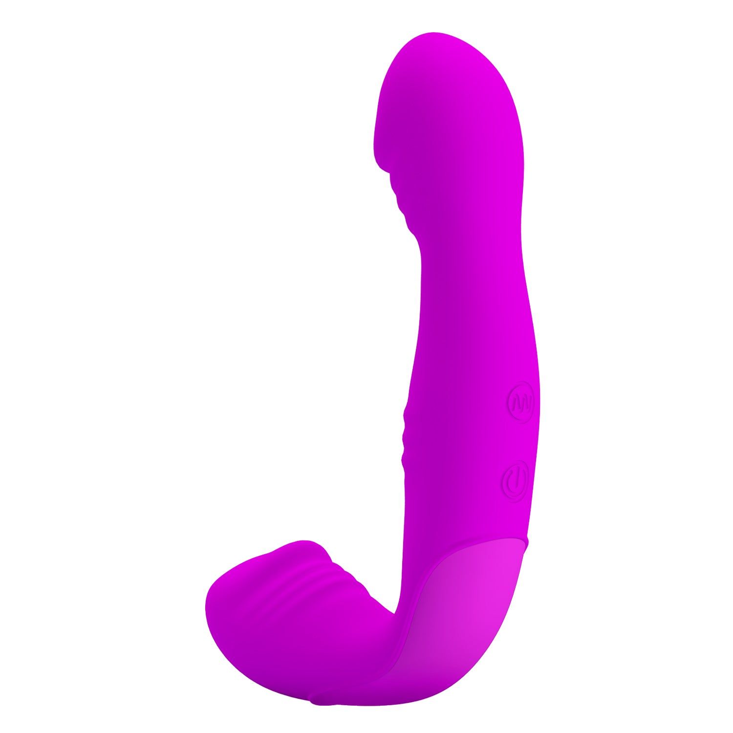 Vibratore viola a forma di J. Un'estremità arrotondata, l'altra allungata. Due pulsanti.