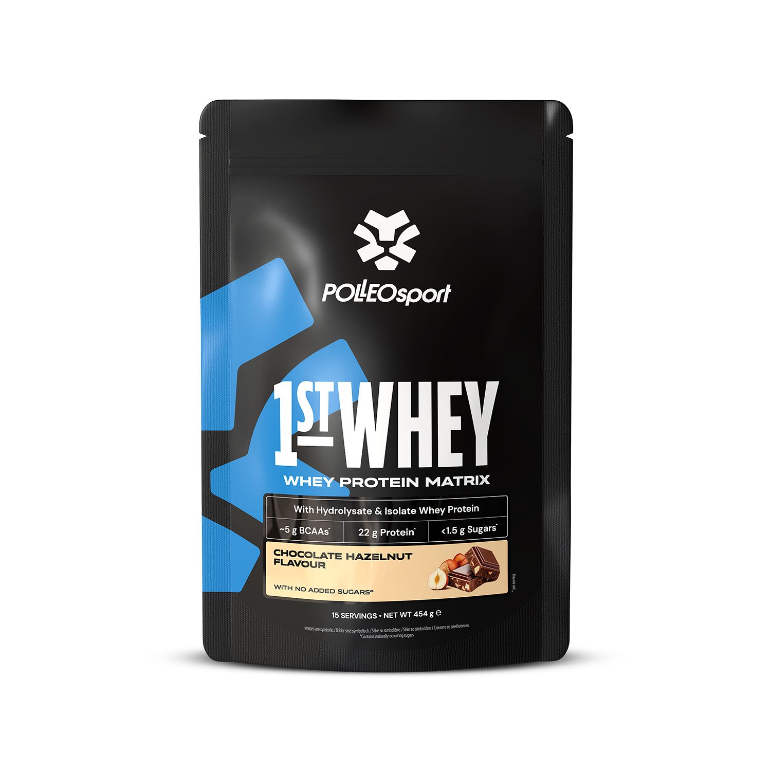 Confezione nera "1ST:WHEY" con logo PolleoSport. Whey Protein Matrix, gusto cioccolato-nocciola. Contiene informazioni nutrizionali.