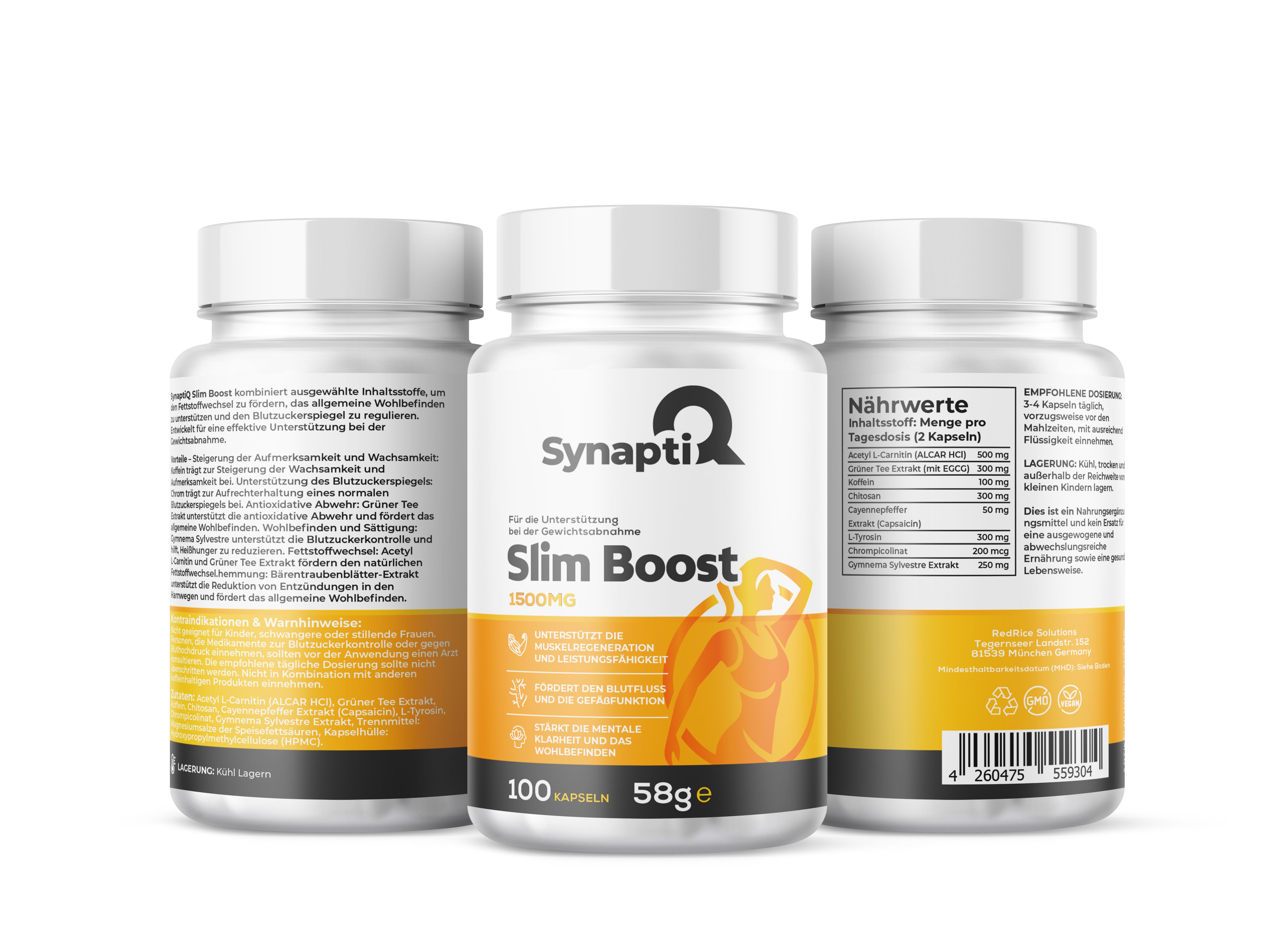 Tre bottiglie bianche con etichette. Le etichette riportano "SynaptiQ Slim Boost".