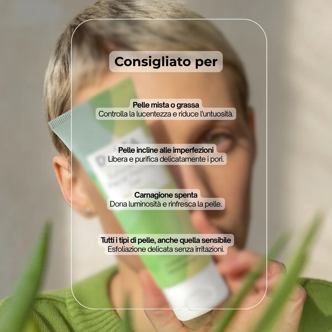 Tubo di gel con testo. Scritta: Dr. SEA, Esfoliante viso. Consigliato per diversi tipi di pelle.