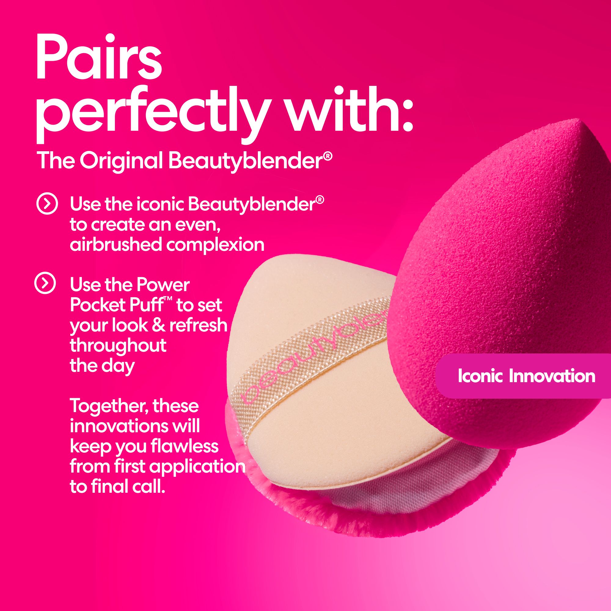 Beautyblender Power Pocket Puff accanto al Beautyblender originale. Il testo spiega l'uso.