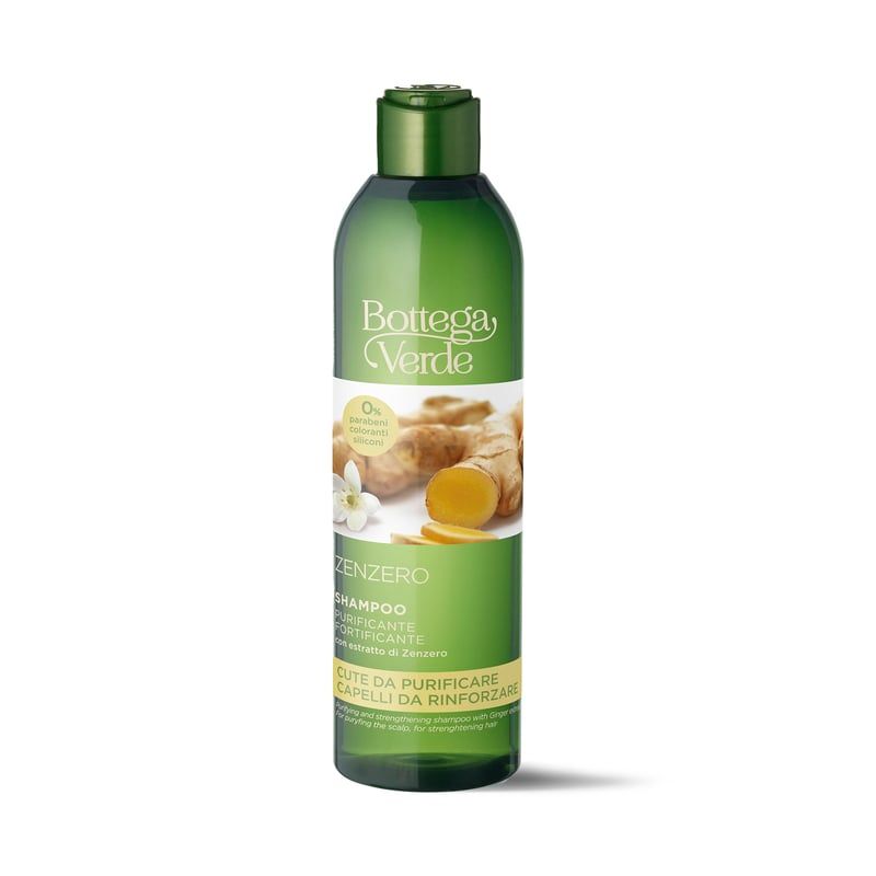 Flacone di shampoo verde con etichetta. Scritta: Bottega Verde, Zenzero. Immagine di zenzero. Tappo e flacone verdi.