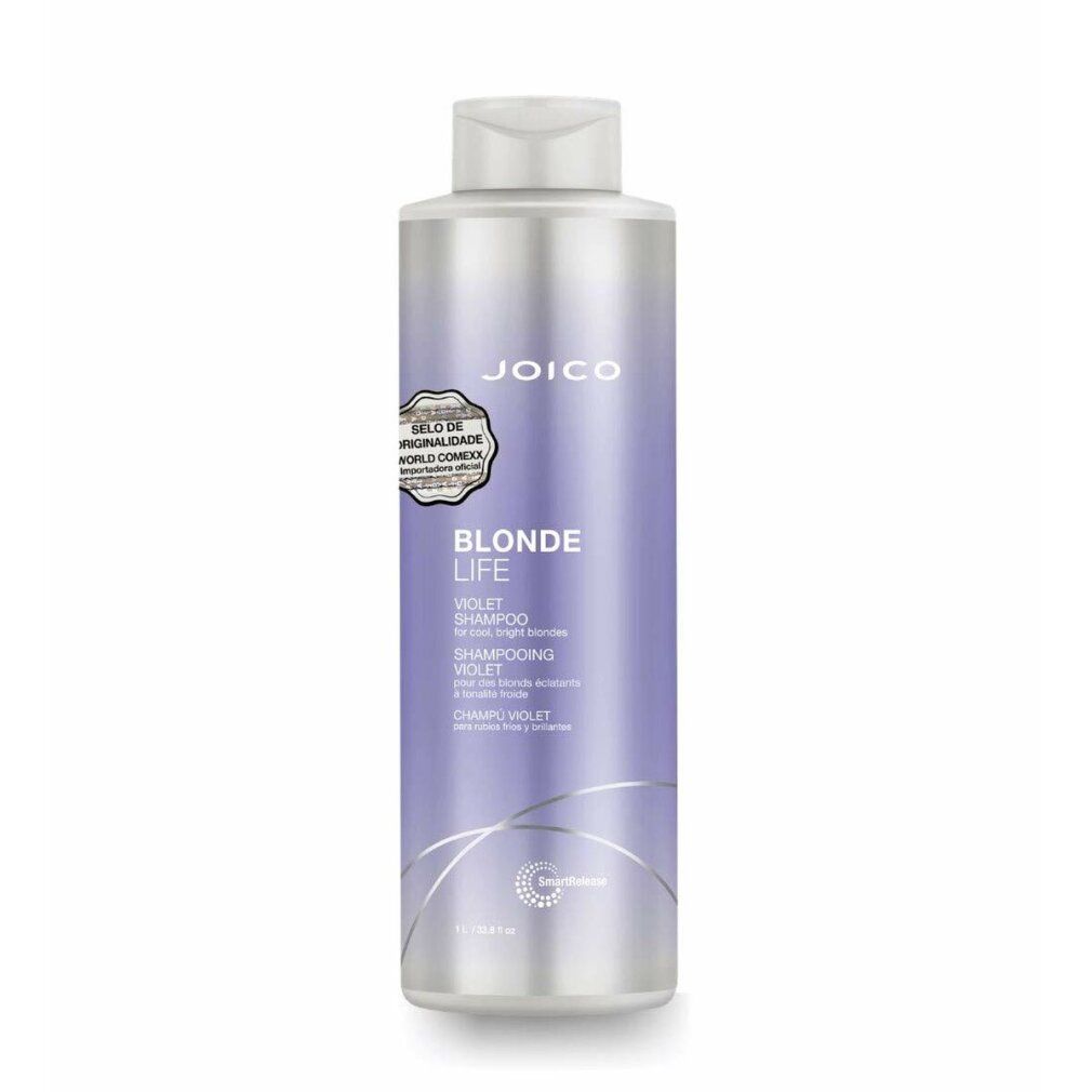Flacone argentato con etichetta viola per JOICO BLONDE LIFE Violet Shampoo.