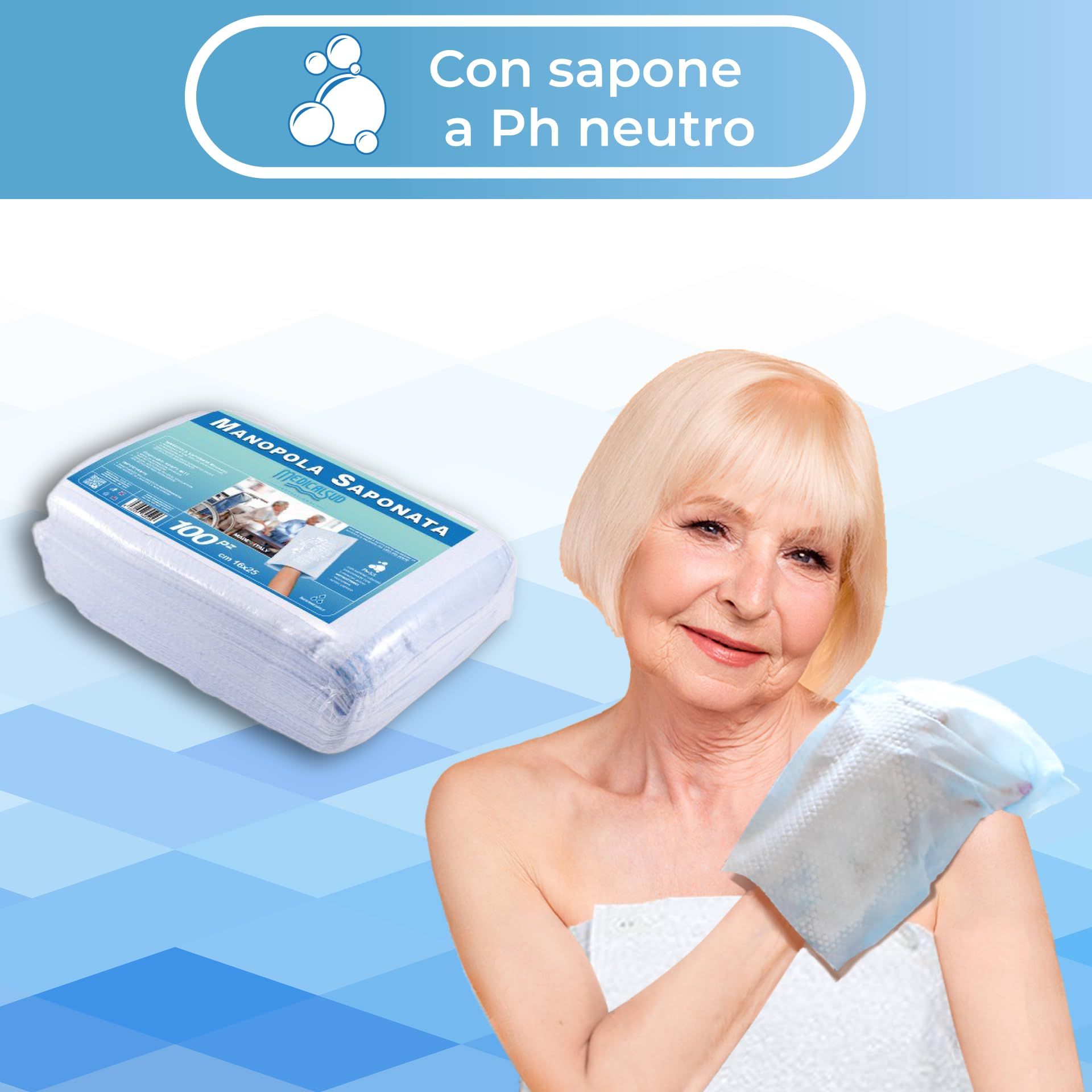 Manopola monouso con sapone a pH neutro, confezione da 100 pezzi.