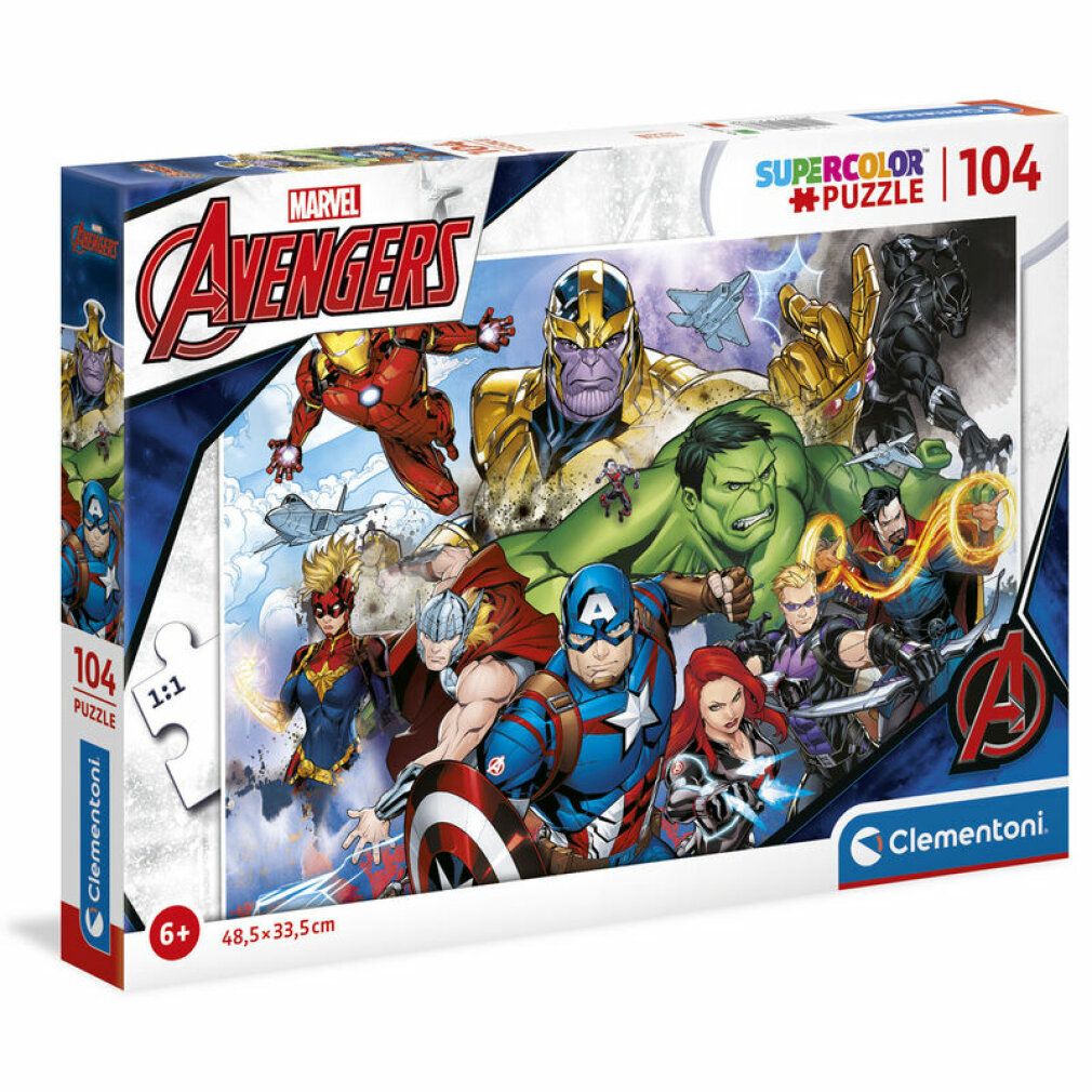 Scatola puzzle Marvel Avengers. Contiene 104 pezzi. Stampa personaggi Avengers. Marca: Clementoni. Dimensioni: 48,5 x 33,5 cm.