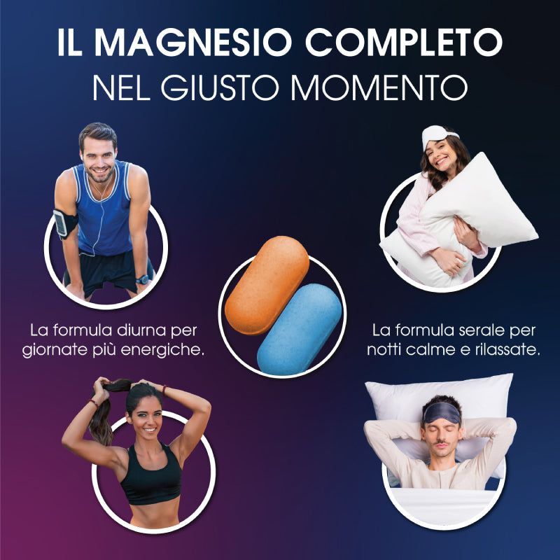 Persone con capsule arancioni e blu. Sifar Nutra Mag 4. Formula giorno e notte. Capsule.