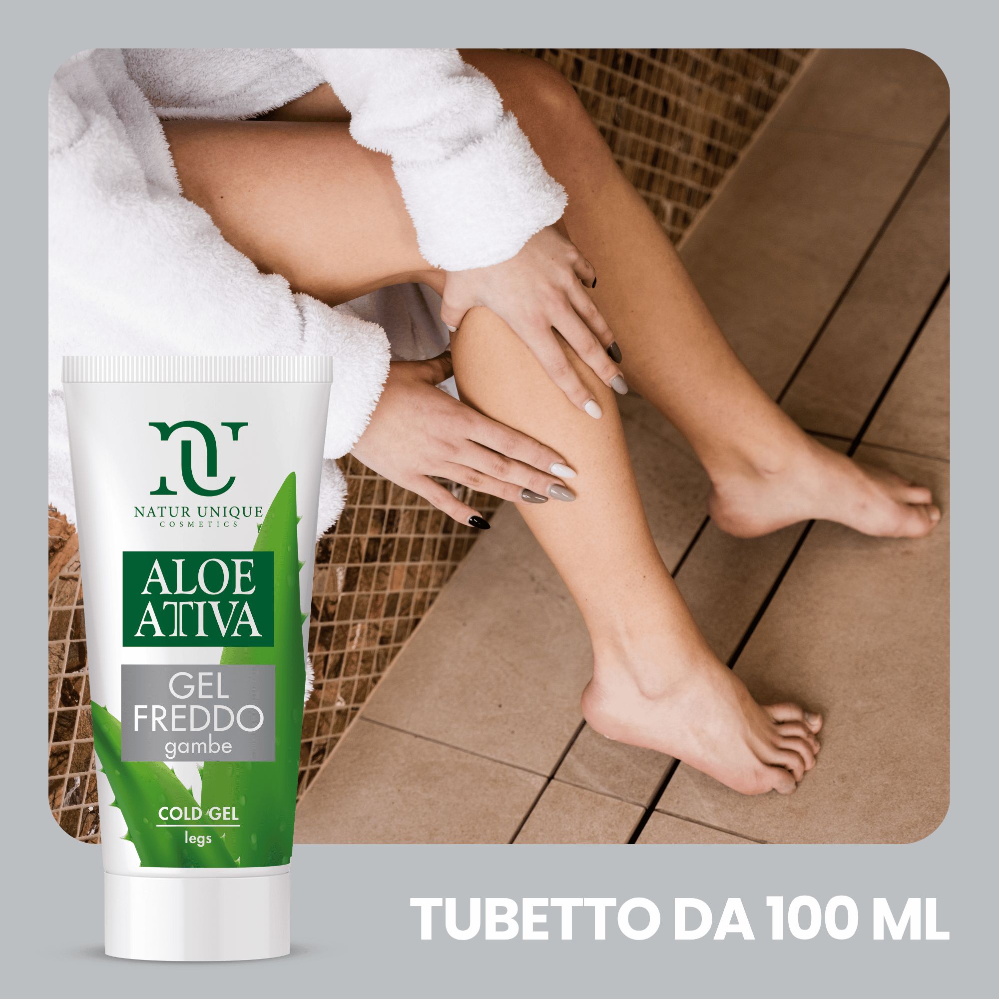 Donna applica gel rinfrescante sulle gambe. Il tubetto del prodotto è ben visibile.