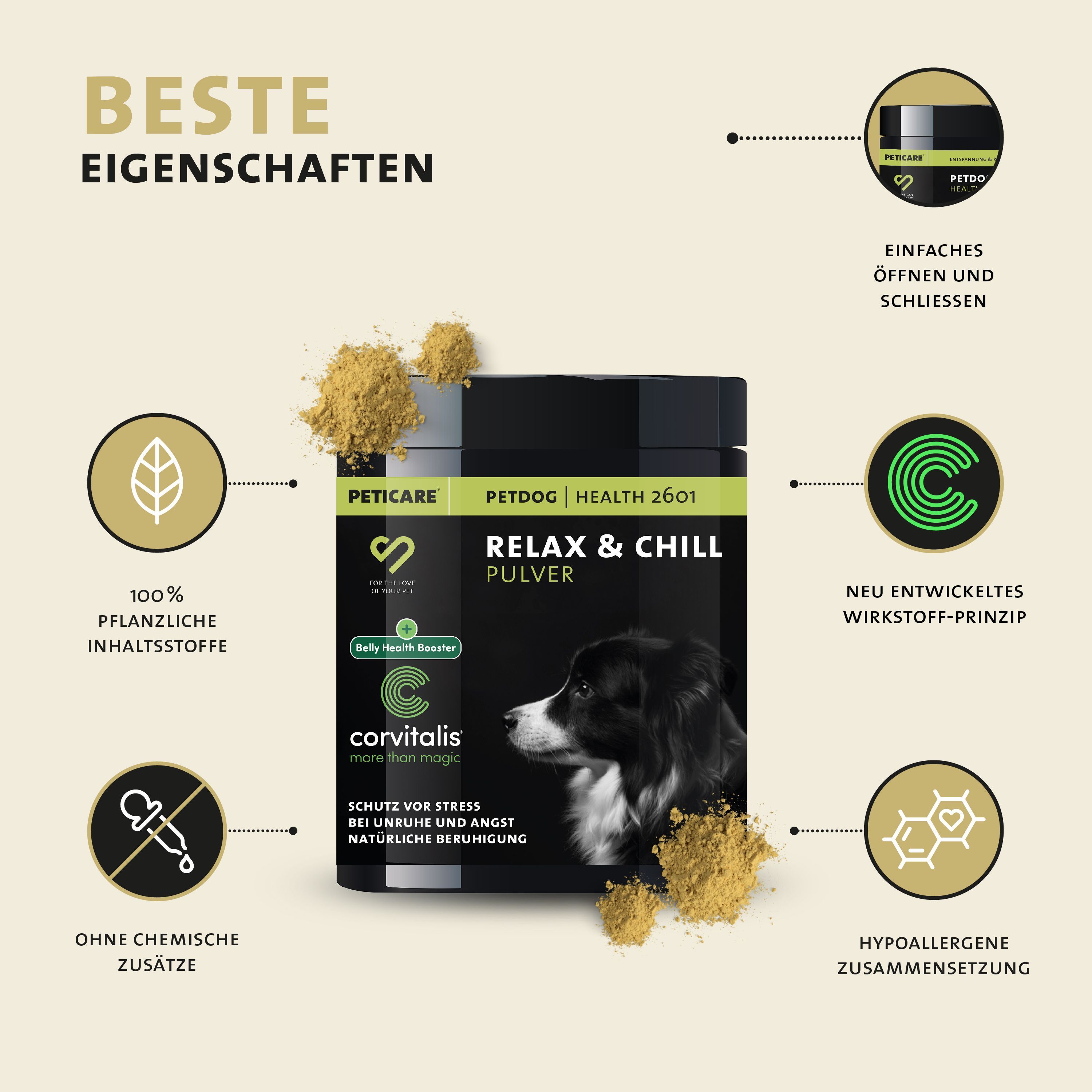 Contenitore Peticare Relax & Chill polvere con icone per ingredienti vegetali.