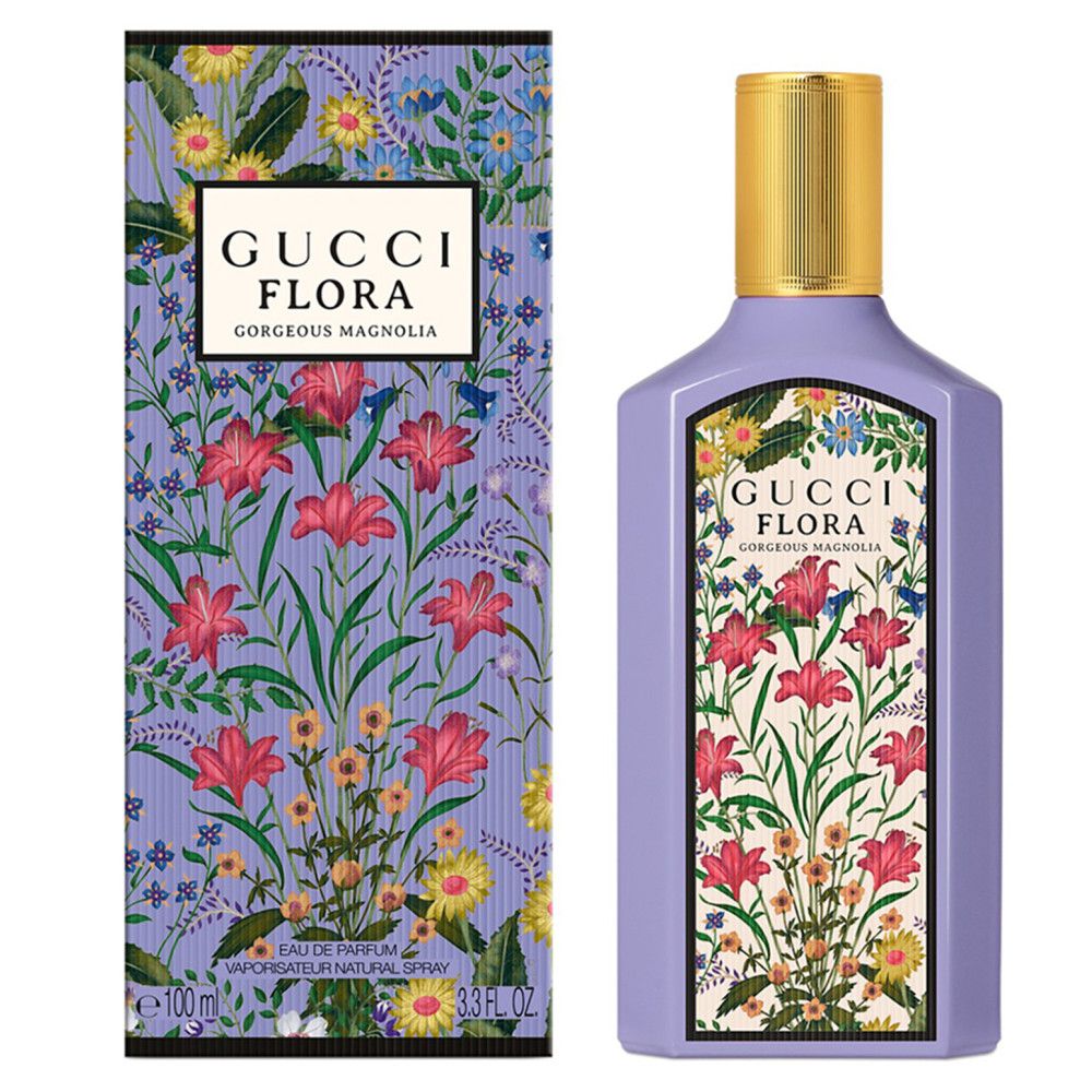 Flacone e confezione con motivo floreale. Scritta: Gucci Flora Gorgeous Magnolia. 100ml.