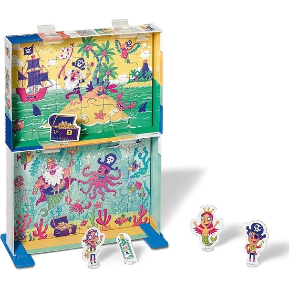 Puzzle&Play Piratenabenteuer, 2x24 pezzi. Due puzzle incorniciati. Personaggi: pirata, sirena, tesoro. Sfondo: isola dei pirati, mondo sottomarino.