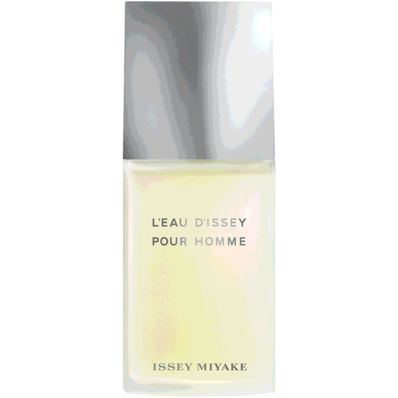 Flacone rettangolare con tappo argentato. Scritta: L'EAU D'ISSEY POUR HOMME, ISSEY MIYAKE.