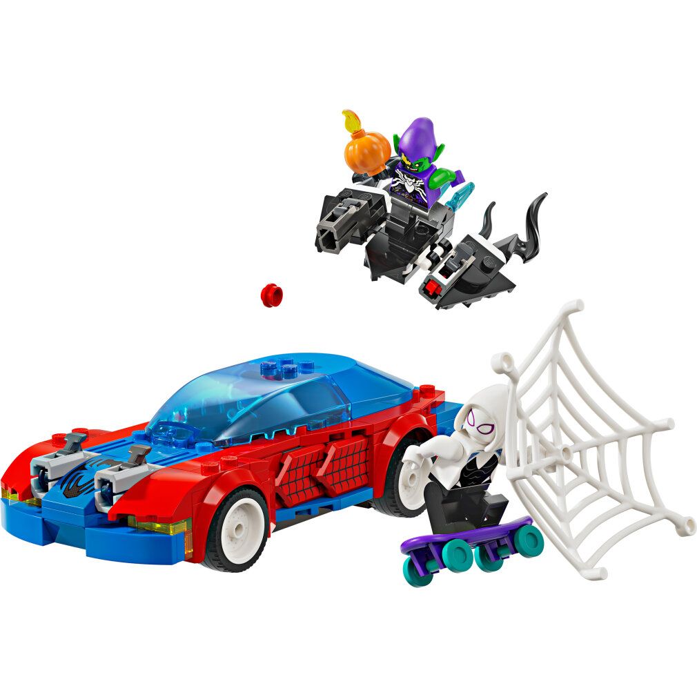 Set LEGO Marvel con auto rossa e blu, Ghost Spider sullo skateboard, Green Goblin sul velivolo e ragnatela.