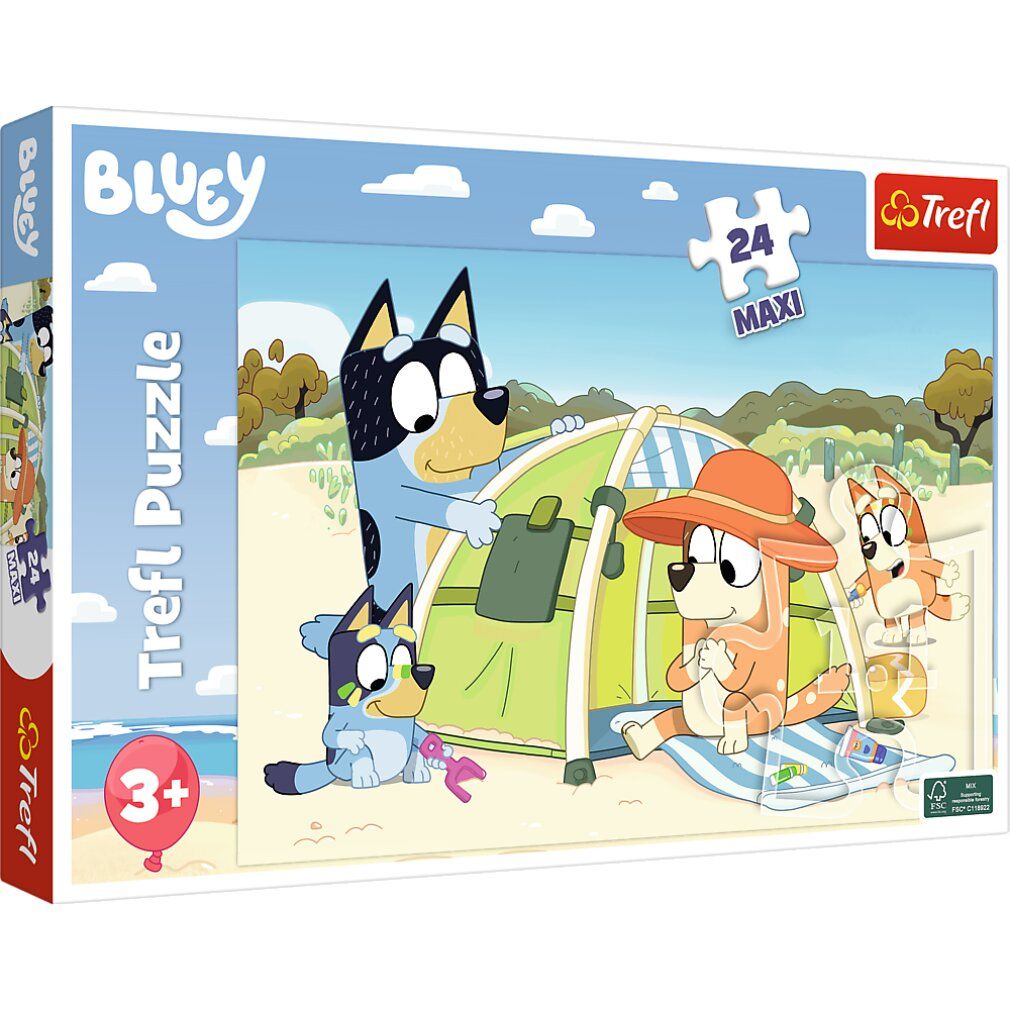 Scatola puzzle Bluey 24 Maxi pezzi. Scena spiaggia con personaggi. Loghi: Bluey, Trefl, 3+.