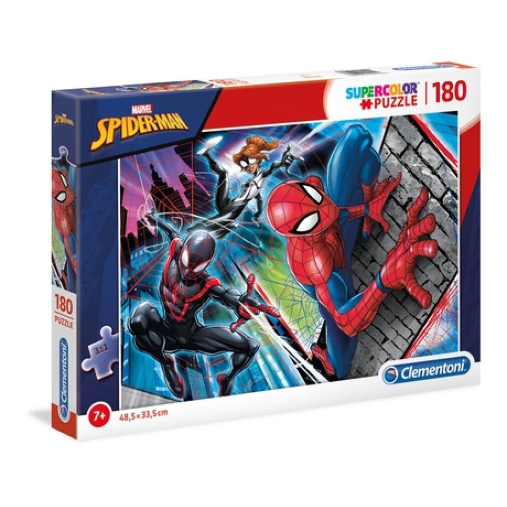 Scatola puzzle Spiderman, 180 pezzi. Marchio Clementoni. Consigliato dai 7 anni in su. Illustrazione Spiderman sulla scatola.