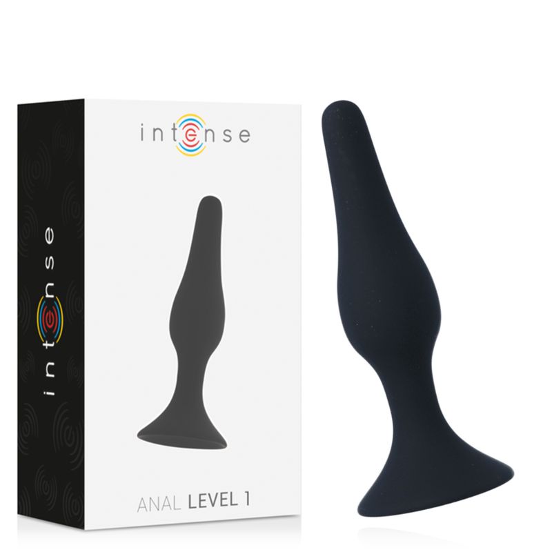 Plug anale nero con base larga accanto alla sua confezione. La confezione mostra una silhouette del plug e la scritta 'ANAL LEVEL 1'.
