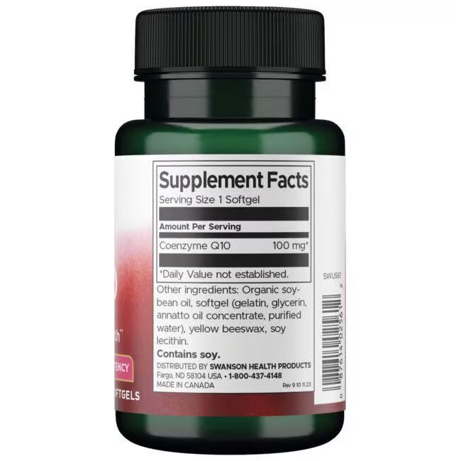 Retro del flacone. Scritta: Supplement Facts. Coenzima Q10, 100 mg. Contiene soia. Prodotto in Canada.