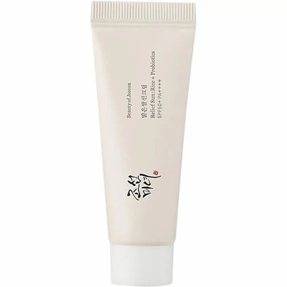 Tubo di crema. Scritta: Relief Sun Rice + Probiotics SPF 50+ PA++++.