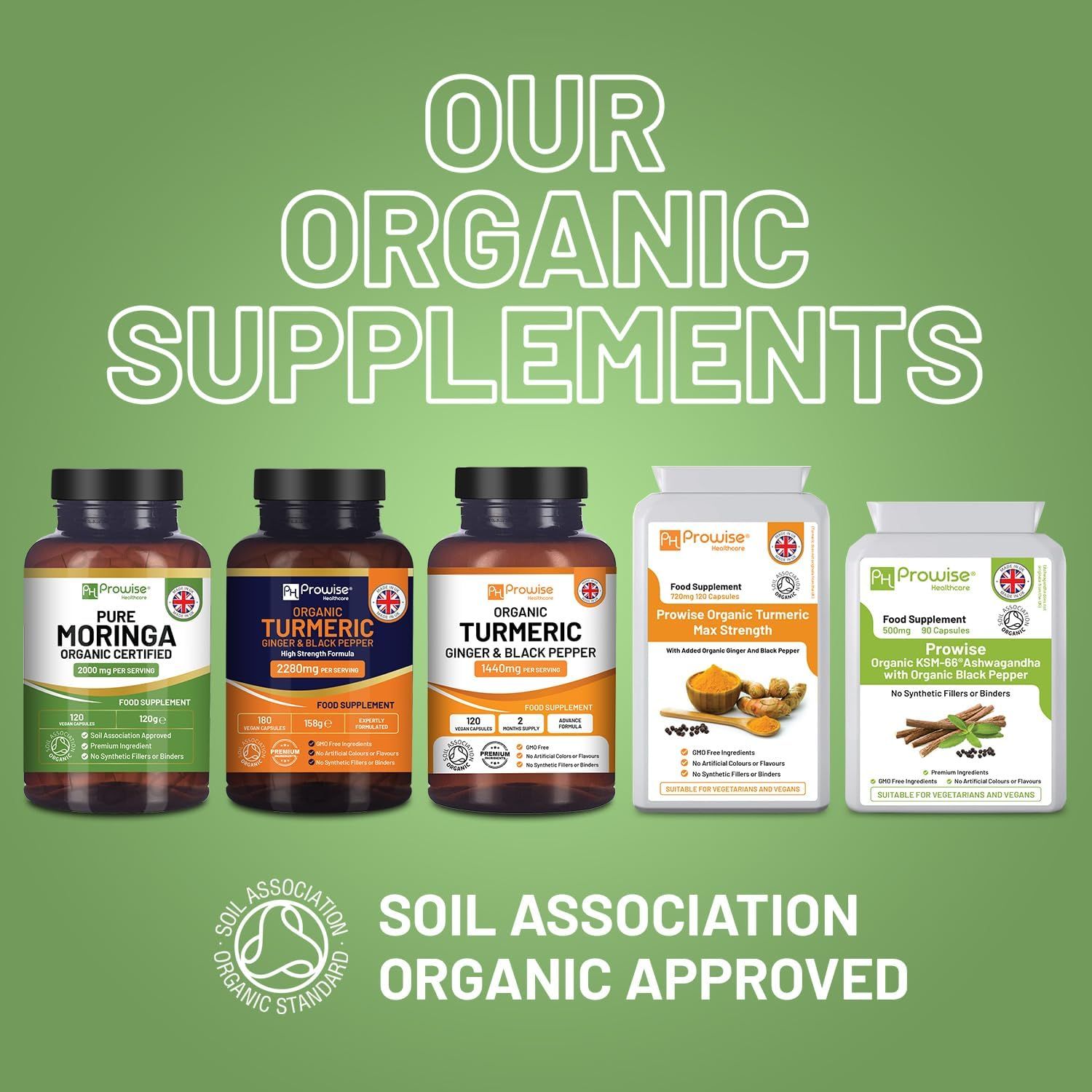 Cinque flaconi di integratori alimentari. Prowise Moringa, Curcuma, Curcuma & Pepe Nero, Curcuma & Zenzero, e un altro con Curcuma.