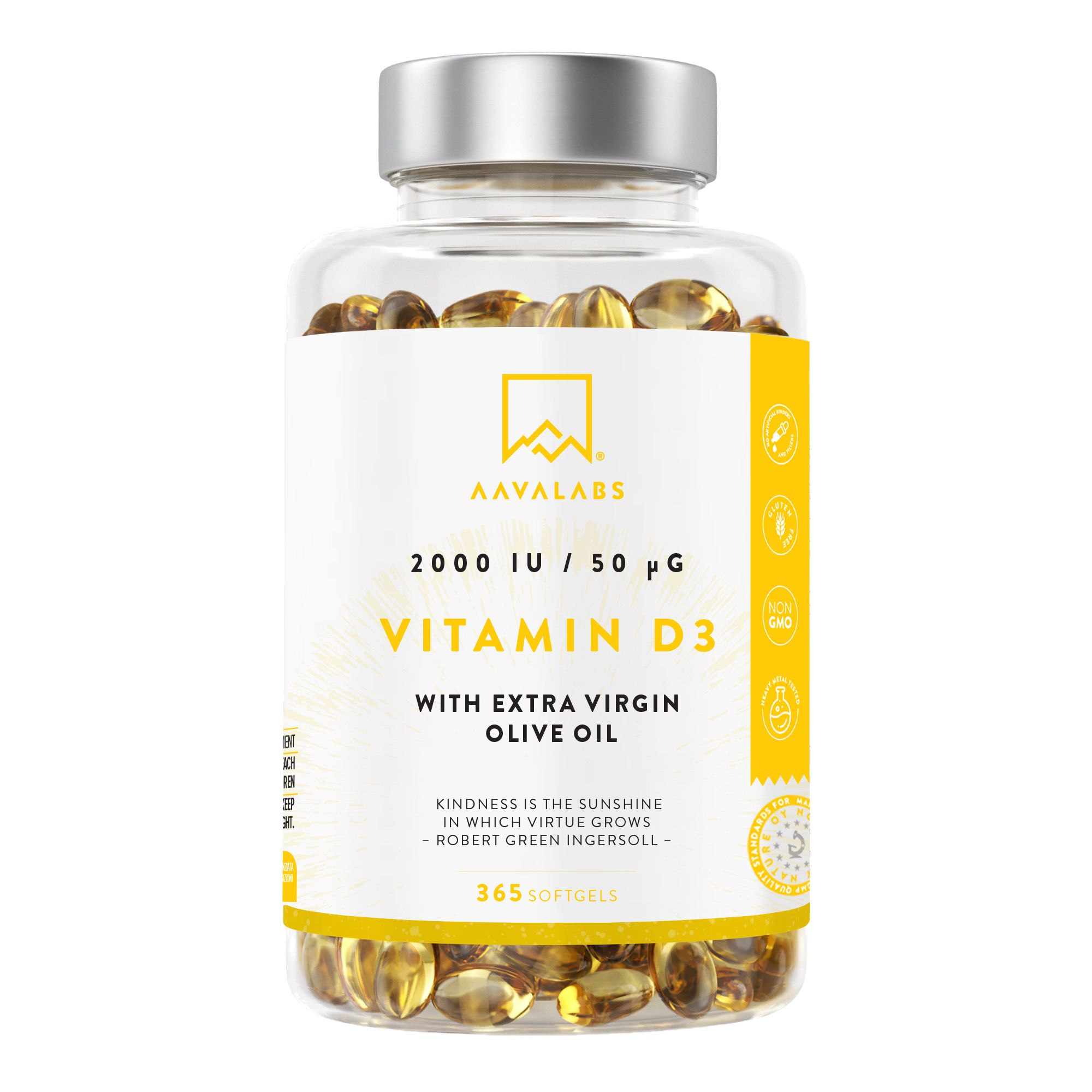 Flacone trasparente con capsule gialle. Scritta: Vitamina D3, 2000 UI, con olio d'oliva. 365 capsule molli.