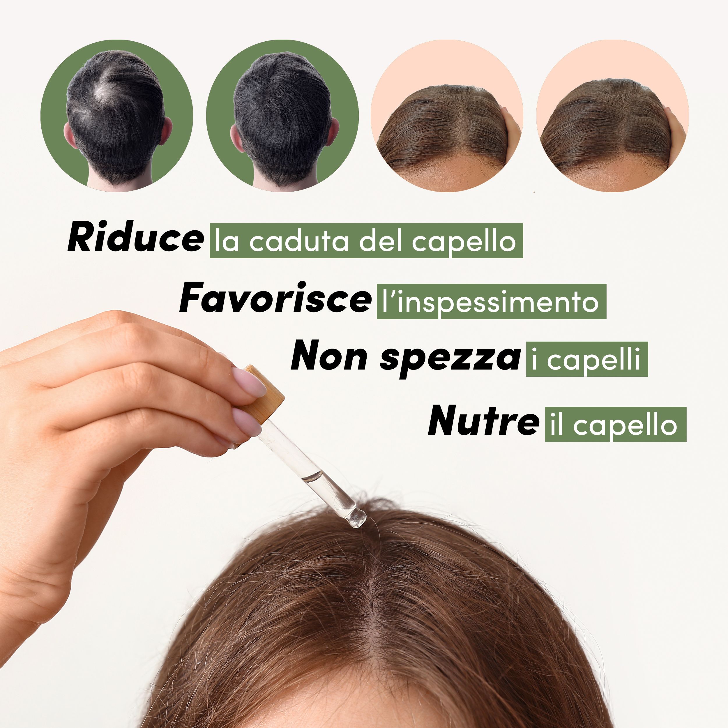 Flacone di olio per capelli con contagocce. Testo: Riduce la caduta del capello, Favorisce l'ispessimento, Non spezza i capelli, Nutre il capello.