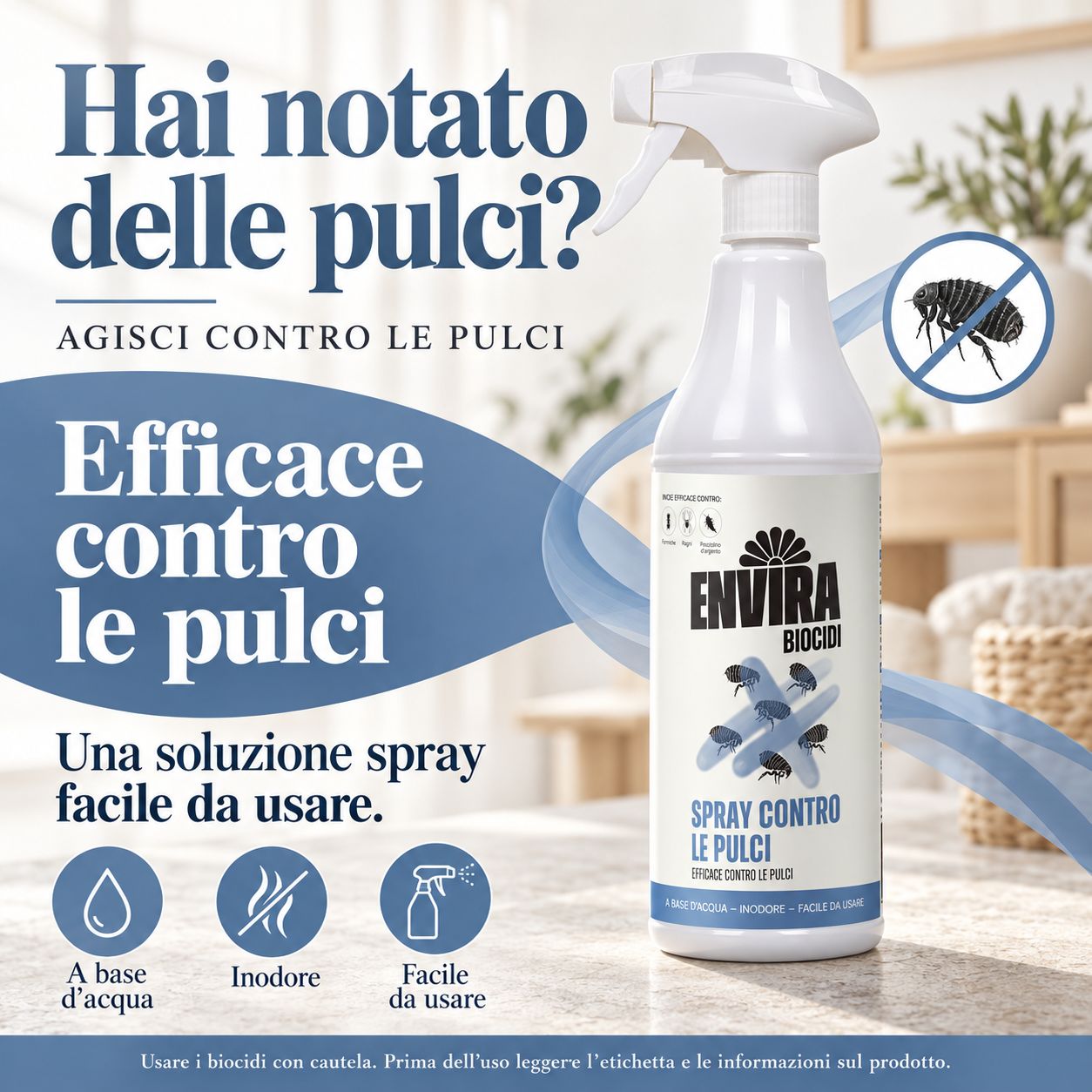 Una donna tiene una bottiglia spray di insetticida in un soggiorno.