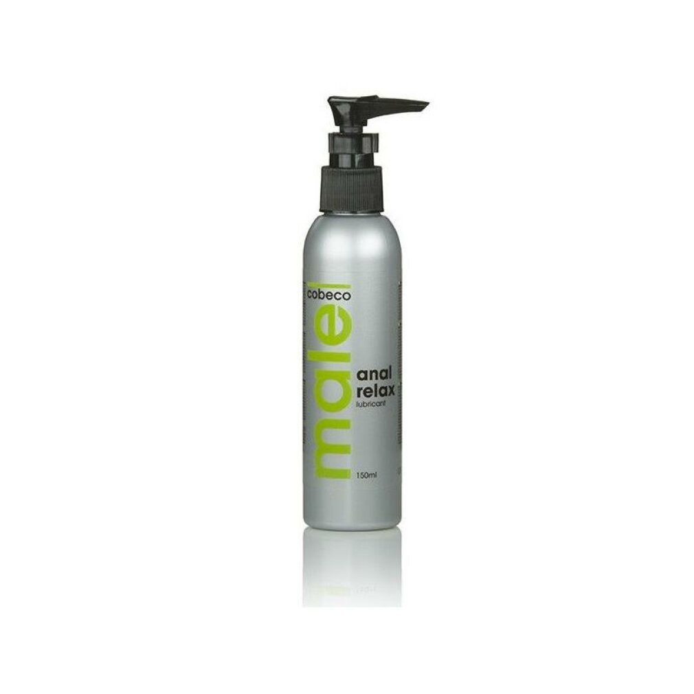 Flacone argento con dosatore nero. Scritta: male, anal relax lubricant, Cobeco. 150ml.