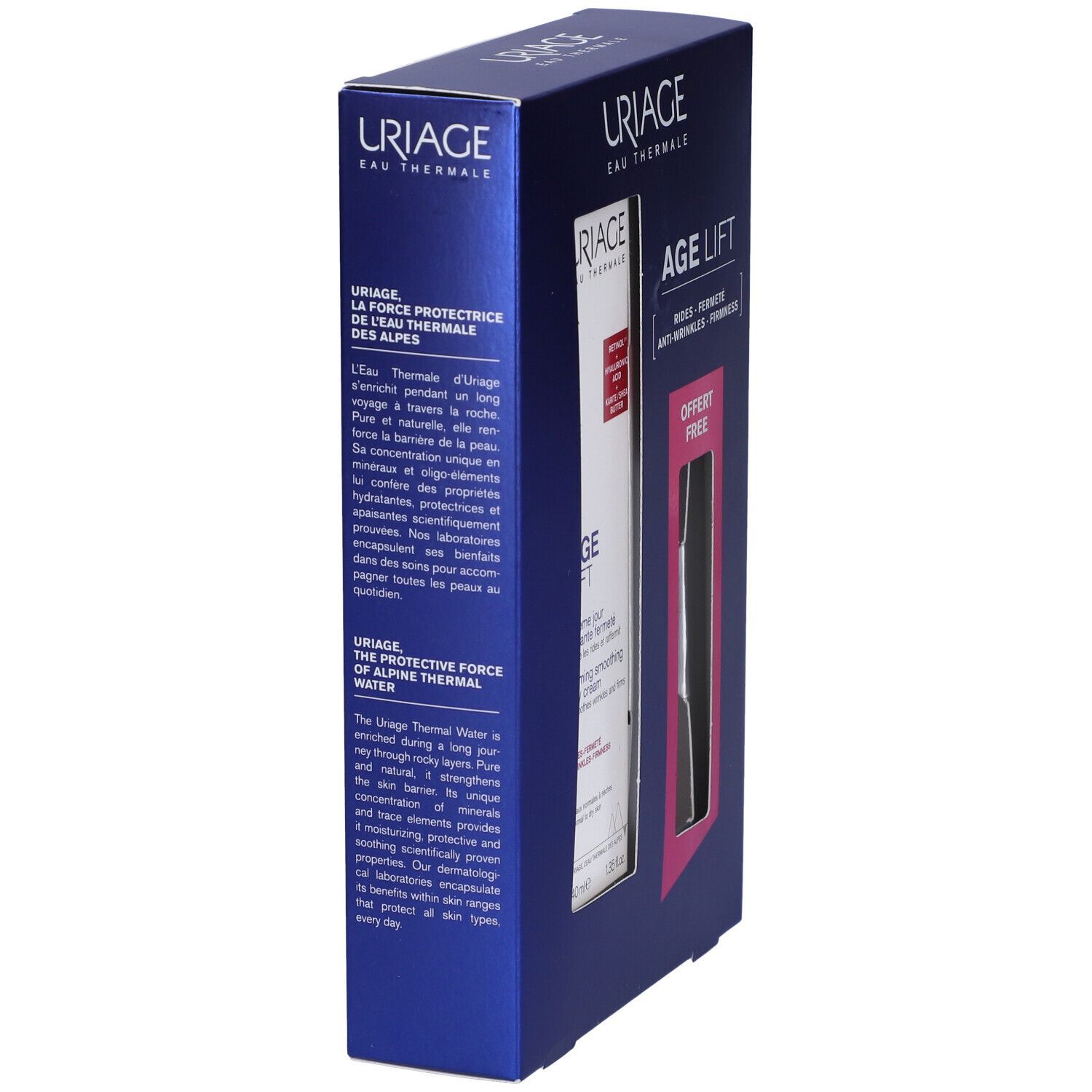 Vista laterale del set regalo Uriage Age Lift. Confezione blu con informazioni e logo.