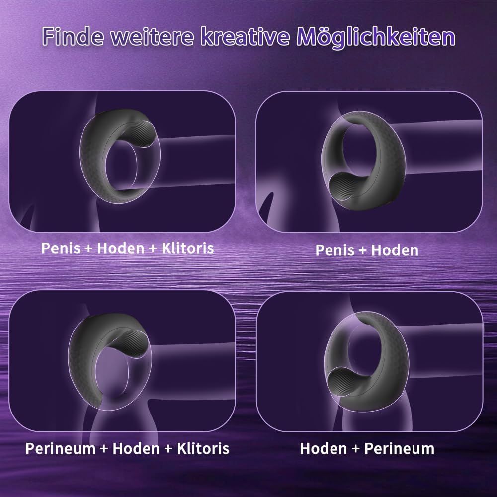 Anello fallico nero con perle, quattro varianti. Sfondo viola. Testo: Pene + Testicoli + Clitoride, Pene + Testicoli, ecc.