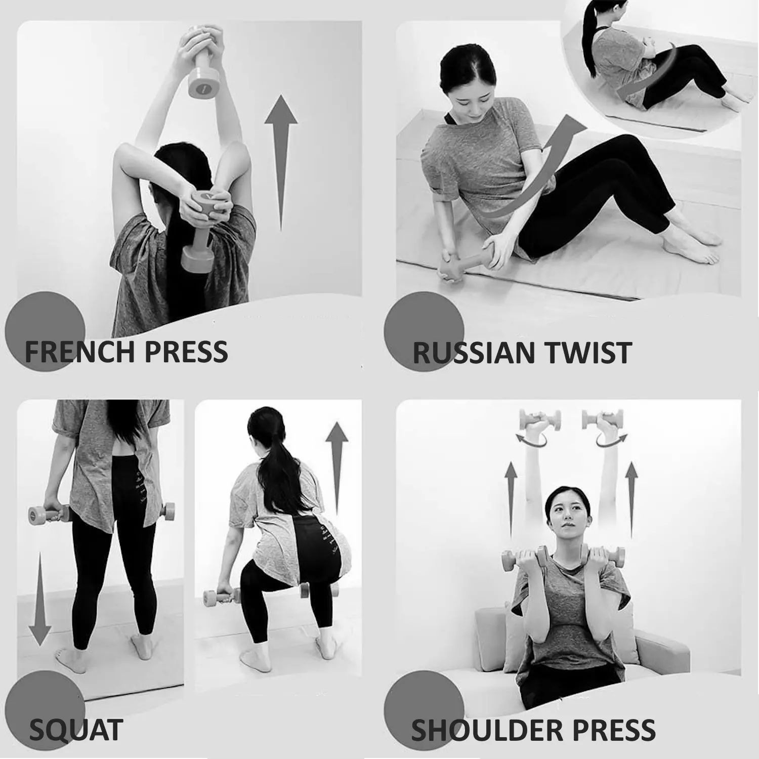 Immagini in bianco e nero mostrano esercizi con manubri: French Press, Russian Twist, Squat, Shoulder Press. Donne eseguono gli esercizi.