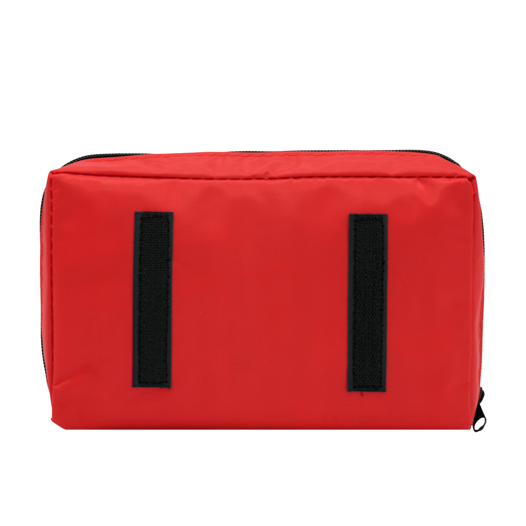 Borsa di pronto soccorso rossa, retro con due chiusure in velcro nere per il fissaggio in auto.