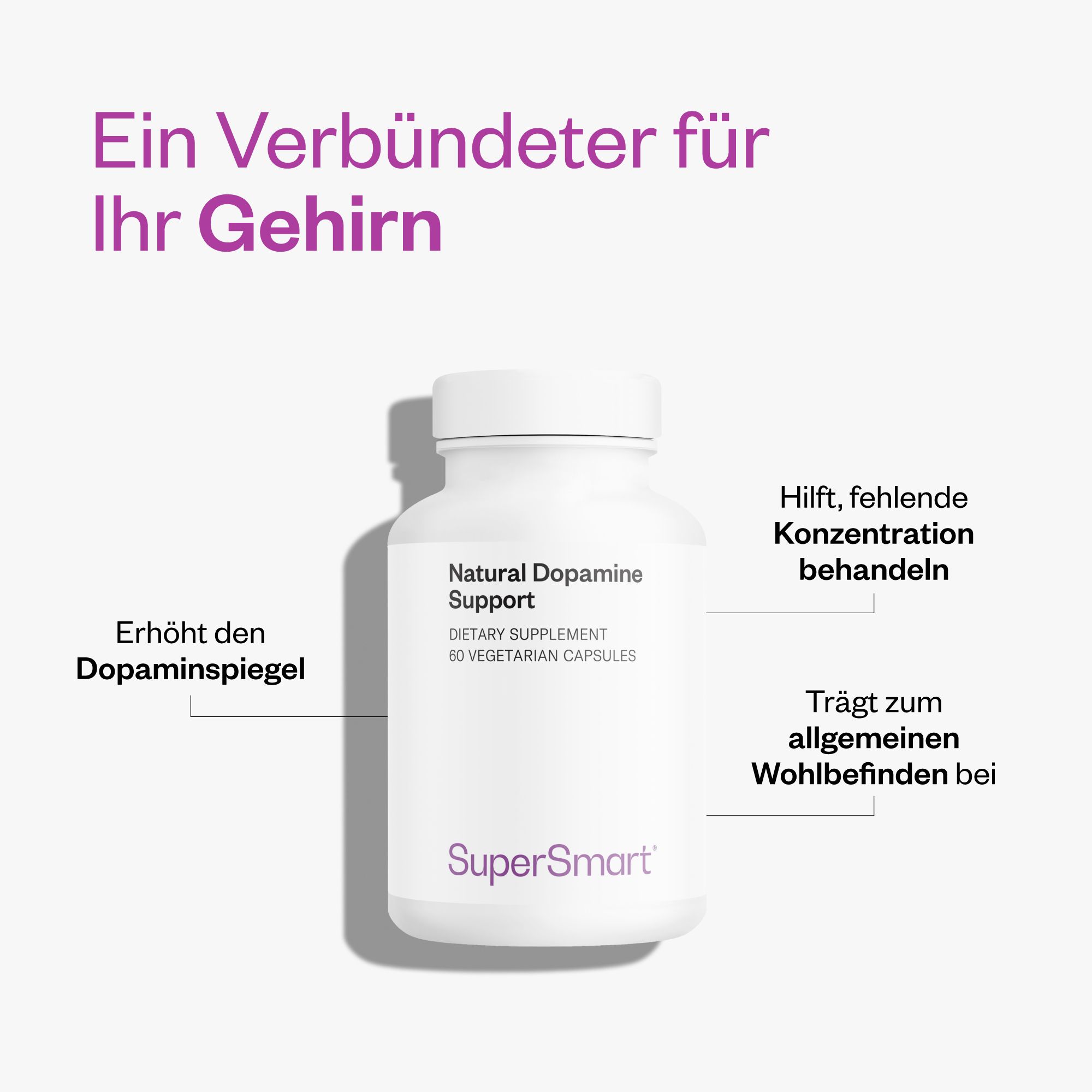 Flacone bianco con capsule. Scritta: Natural Dopamine Support, 60 capsule vegetariane. Marchio: SuperSmart. Testo: Aiuta a trattare la concentrazione.