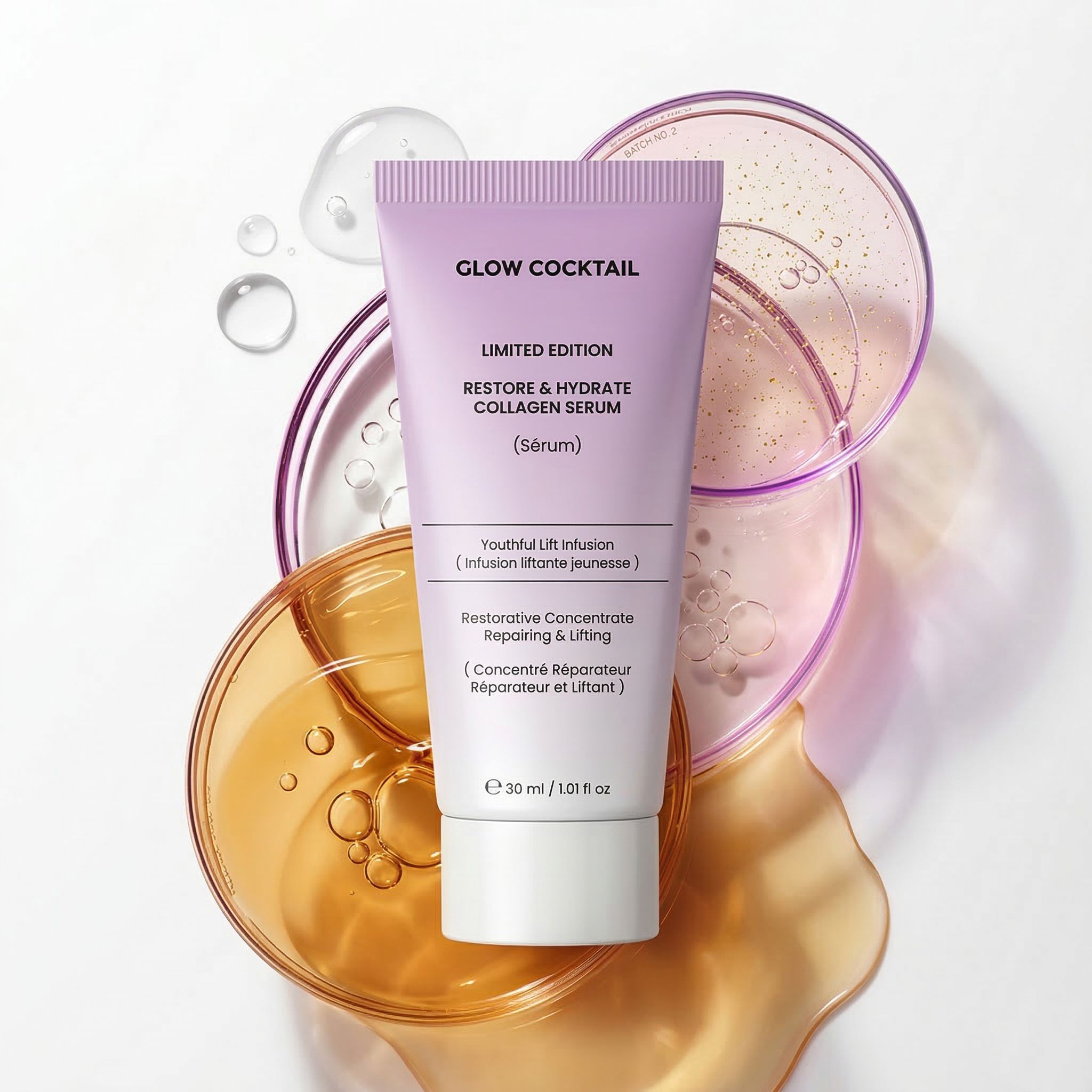 Un tubetto viola chiaro con la scritta "Glow Cocktail Restore & Hydrate Collagen Serum", su piastre di Petri con liquido.