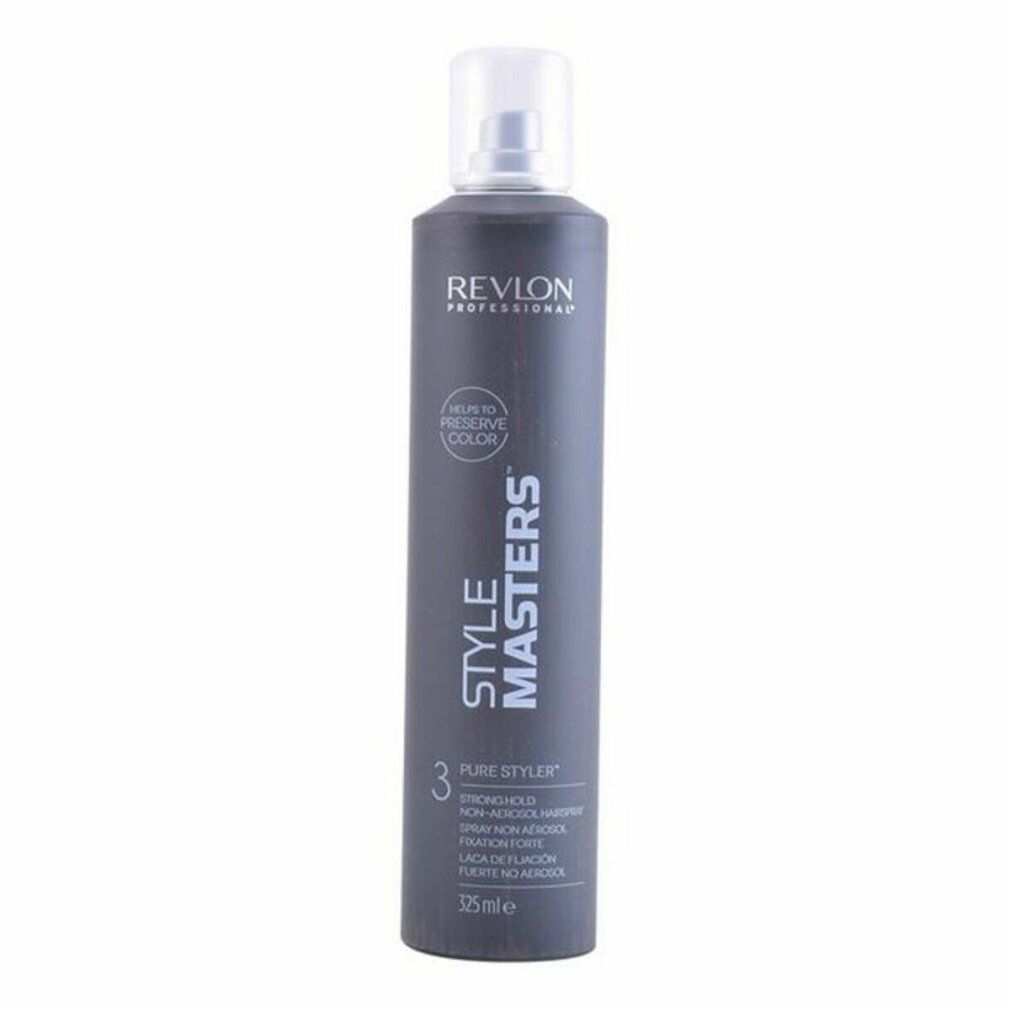 Flacone spray grigio con erogatore bianco. Scritte: Revlon Professional, Style Masters, Pure Styler, Strong Hold.