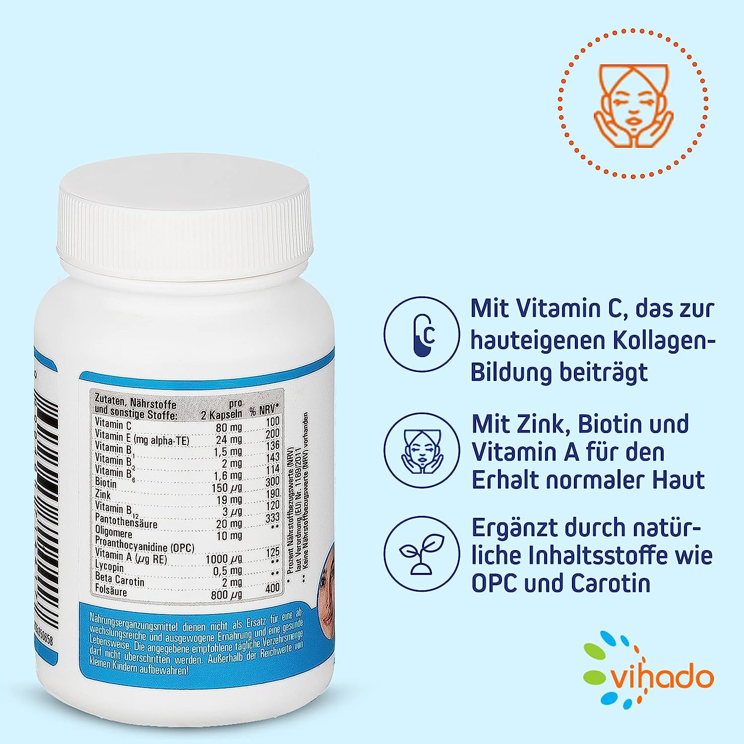 Vihado Skin Vitamins - cura della pelle dall'interno con zinco, biotina e vitamina A