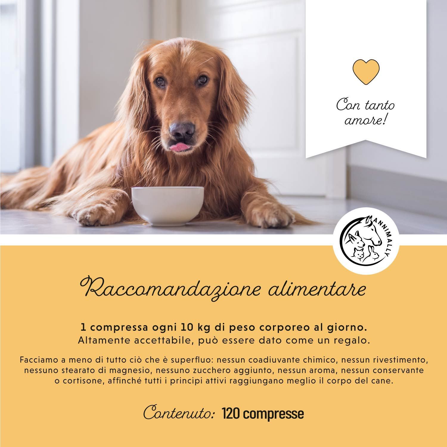 Golden Retriever con ciotola. Testo: Raccomandazioni alimentari: 1 compressa ogni 10 kg di peso corporeo al giorno. Contenuto: 120 compresse.