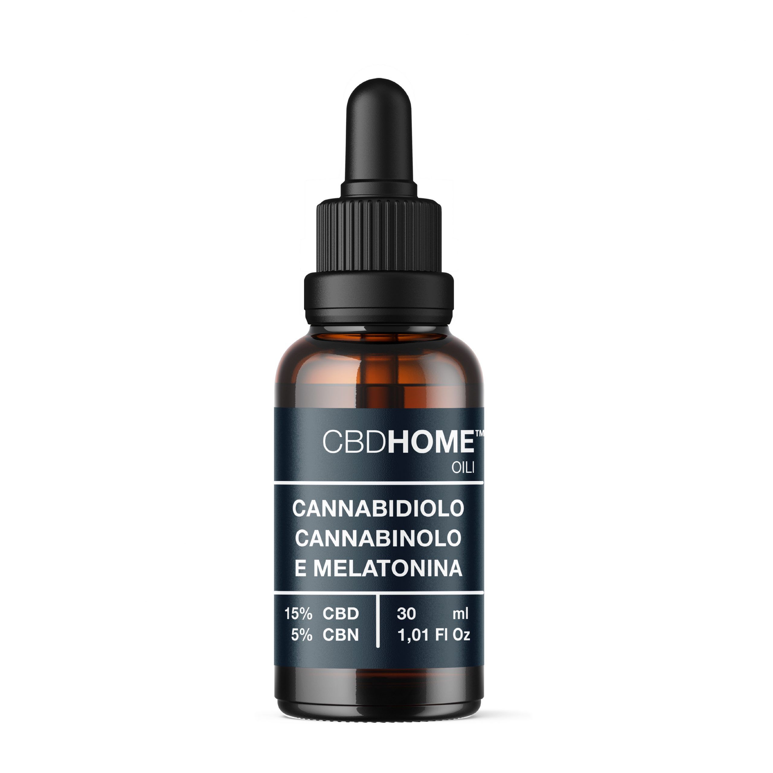 Flacone di olio CBD HOME con contagocce. Contiene 15% CBD, 5% CBN e melatonina.