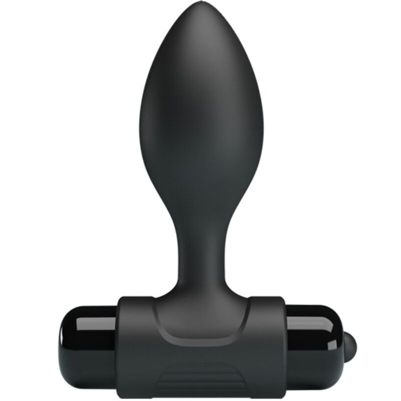 Tappo anale nero vibrante, in silicone, con manico e pulsante di vibrazione.