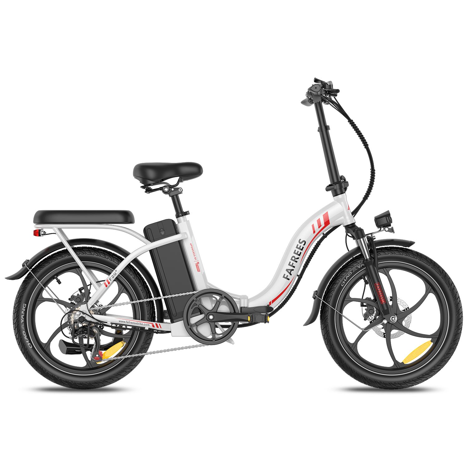 E-bike pieghevole bianca, accenti rossi. Pneumatici, sella e manubrio neri. Marchio FAFREES.