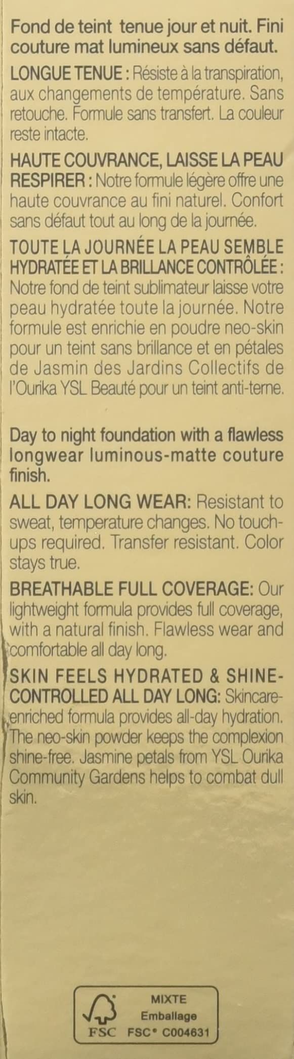Pagina di testo con informazioni sul prodotto in inglese e francese. Contiene informazioni su durata, copertura e ingredienti.